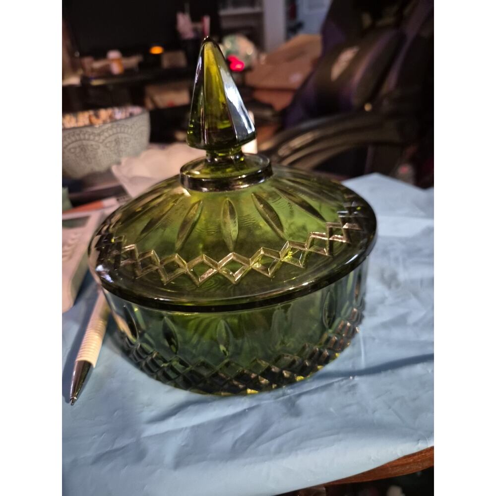 Vintage Indiana Glass Candy Dish In The Princess Pattern In avocado Green With